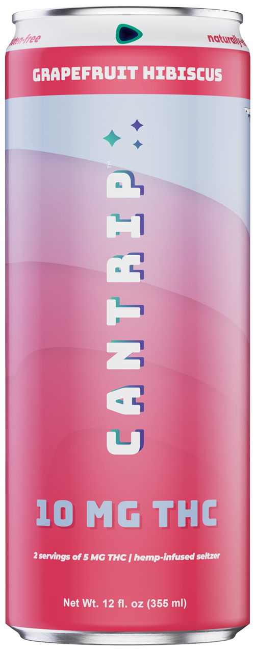 The Cantrip Grapefruit Hibiscus can, featuring a pink and light blue gradient. and the Cantrip wordmark.