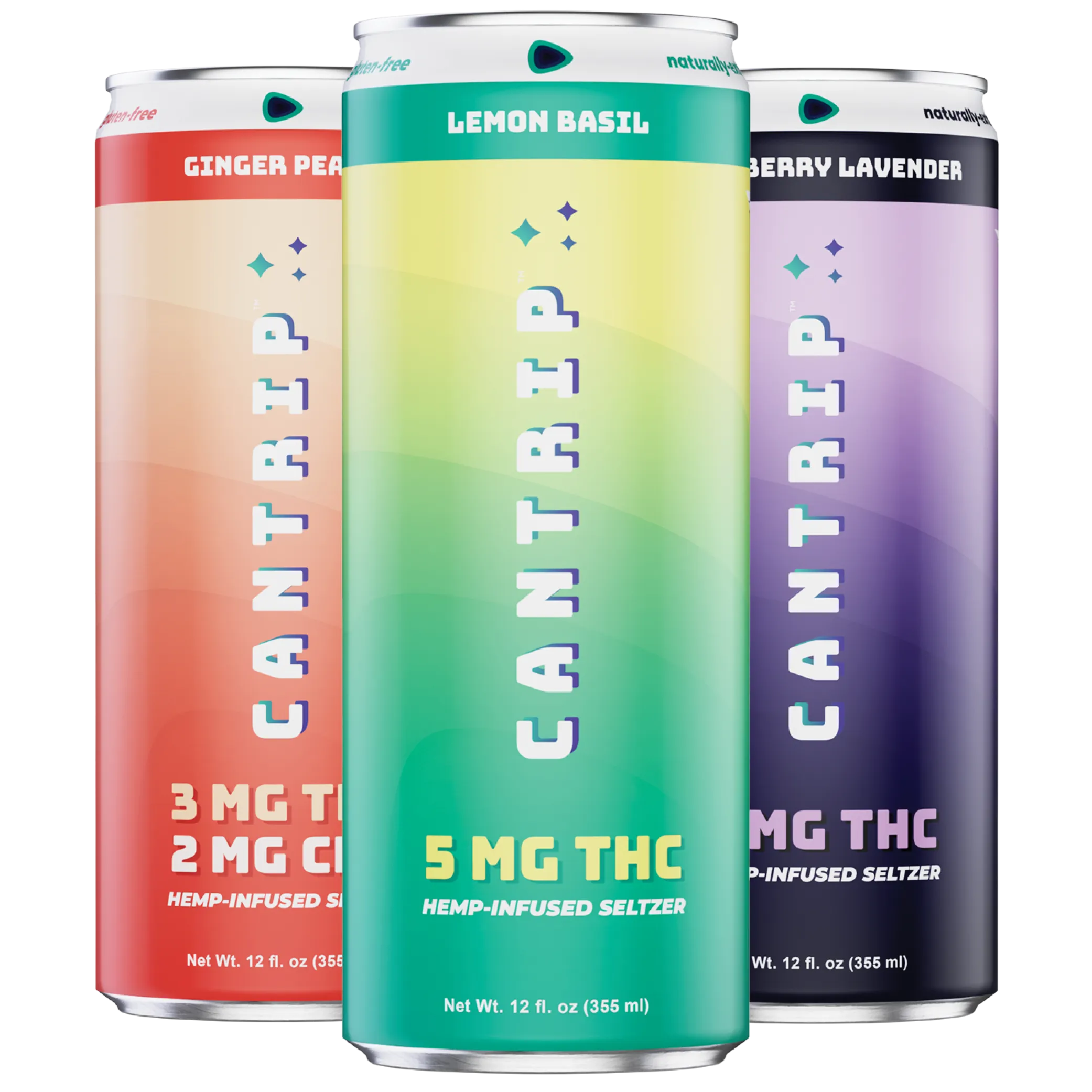All of the Cantrip low-dose seltzer cans: Lemon Basil, Blackberry Lavender, and Ginger Peach.
