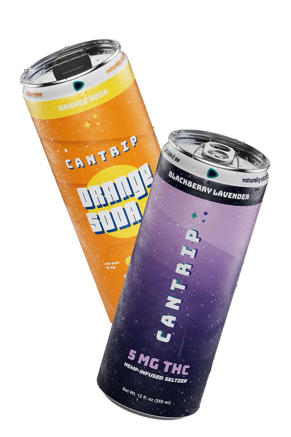 two Cantrip cans, Blackberry Lavender and Orange Soda.